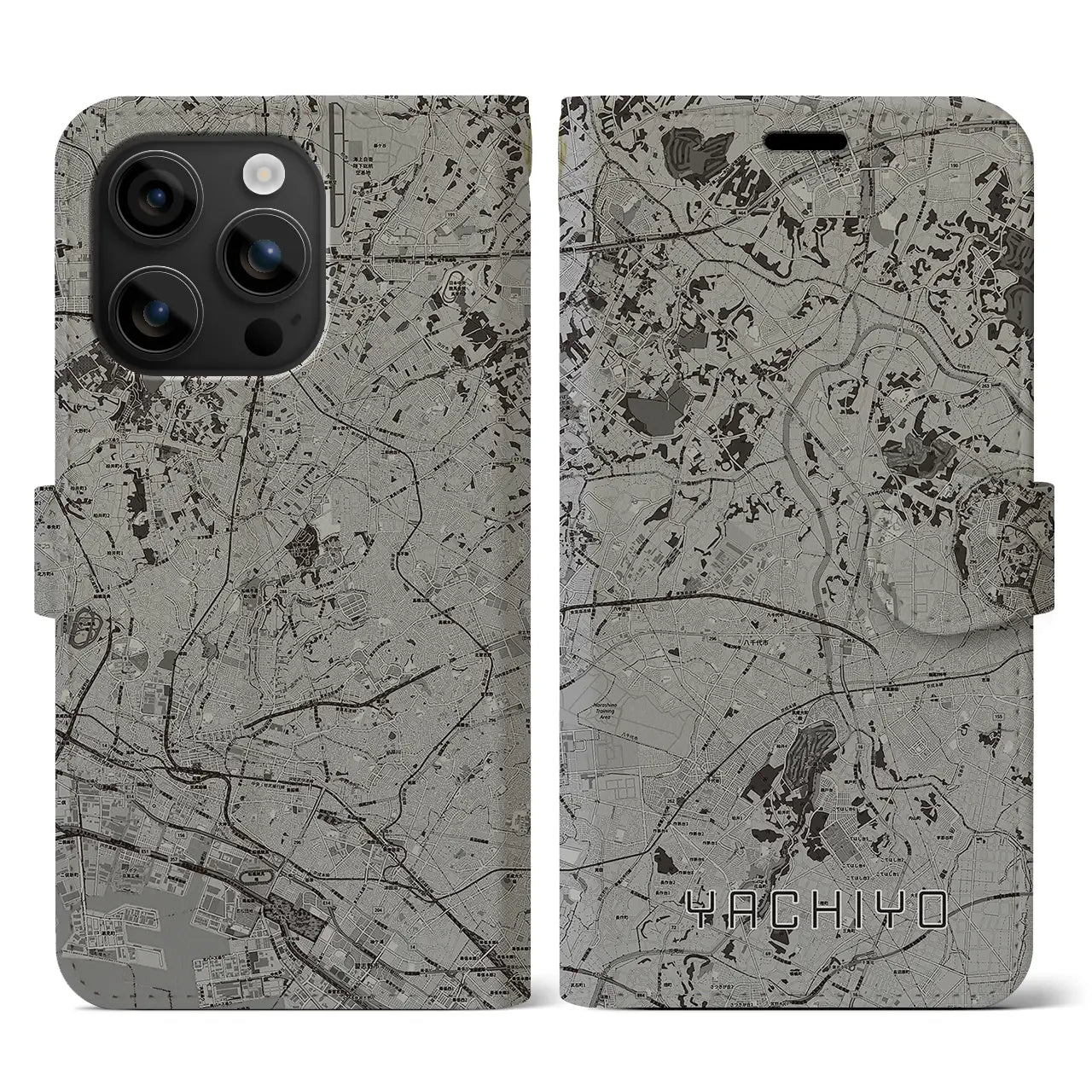 【八千代(千葉県)】地図柄iPhoneケース(手帳タイプ)モノトーン・iPhone 16 用