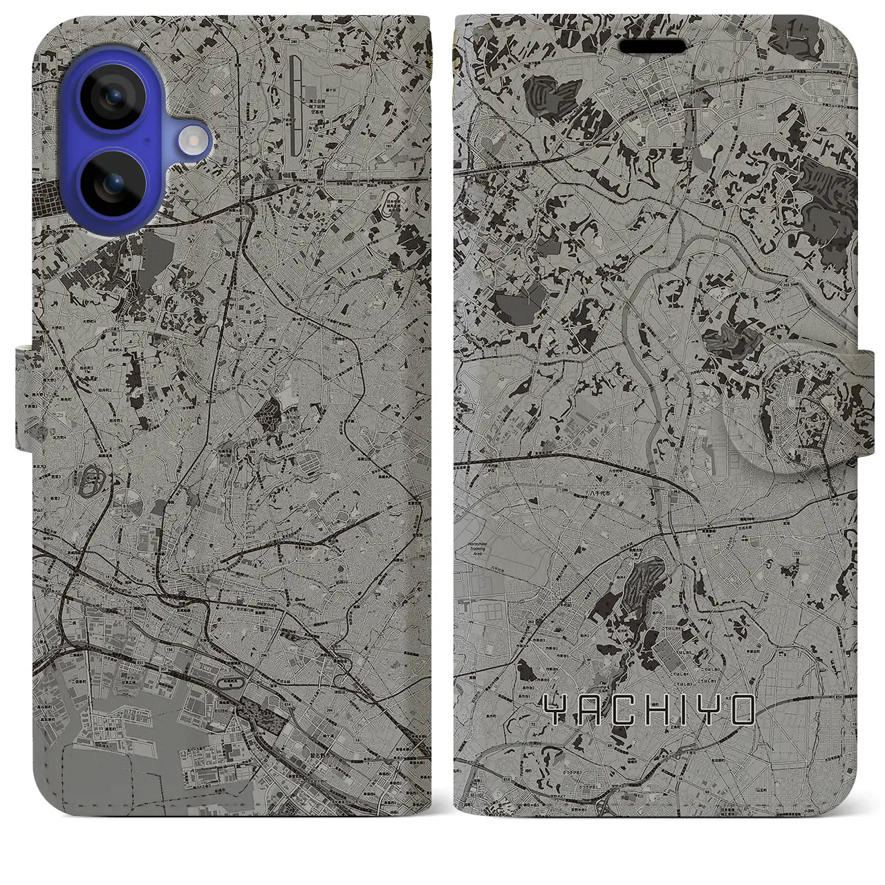 【八千代(千葉県)】地図柄iPhoneケース(手帳タイプ)モノトーン・iPhone 16 Pro Max 用