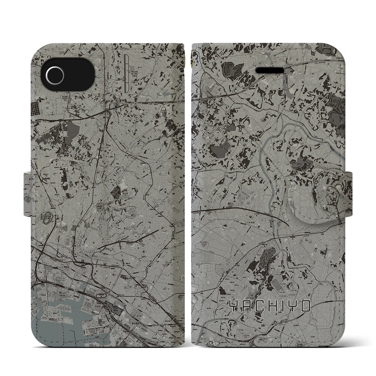 【八千代(千葉県)】地図柄iPhoneケース(手帳タイプ)モノトーン・iPhone SE(第3 / 第2世代) / 8 / 7 / 6s / 6 用