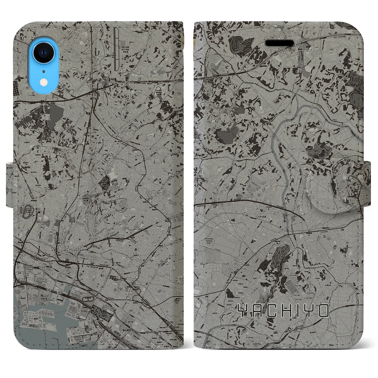 【八千代(千葉県)】地図柄iPhoneケース(手帳タイプ)モノトーン・iPhone XR 用