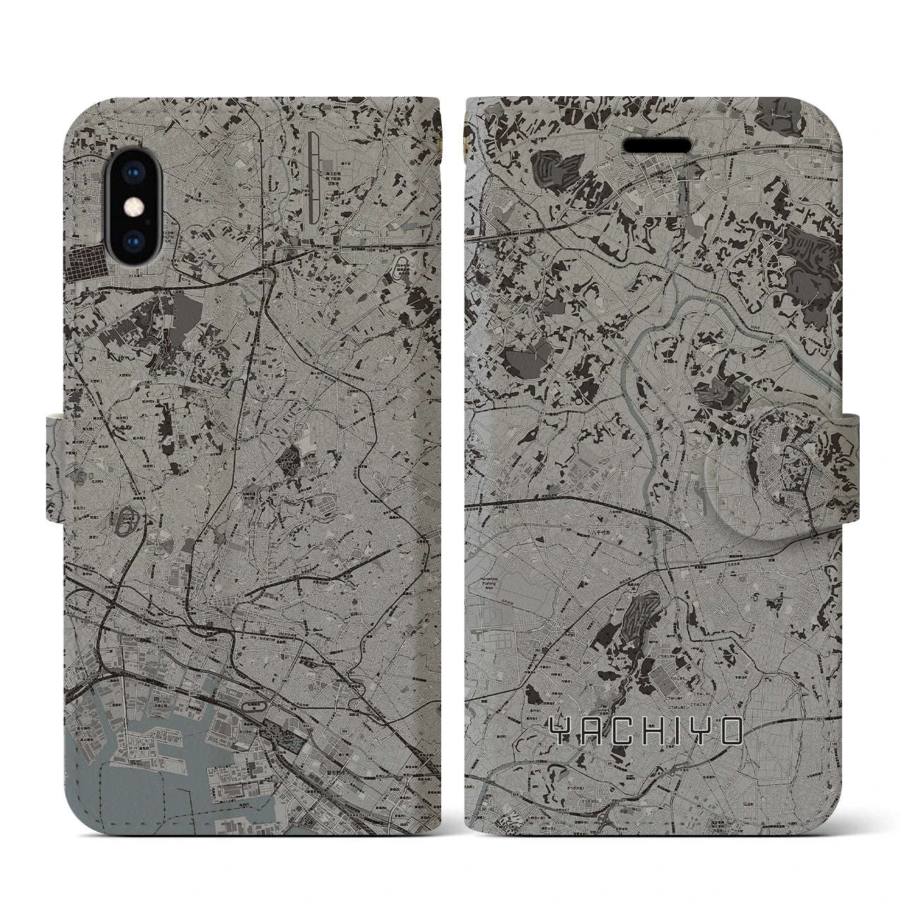 【八千代(千葉県)】地図柄iPhoneケース(手帳タイプ)モノトーン・iPhone XS / X 用