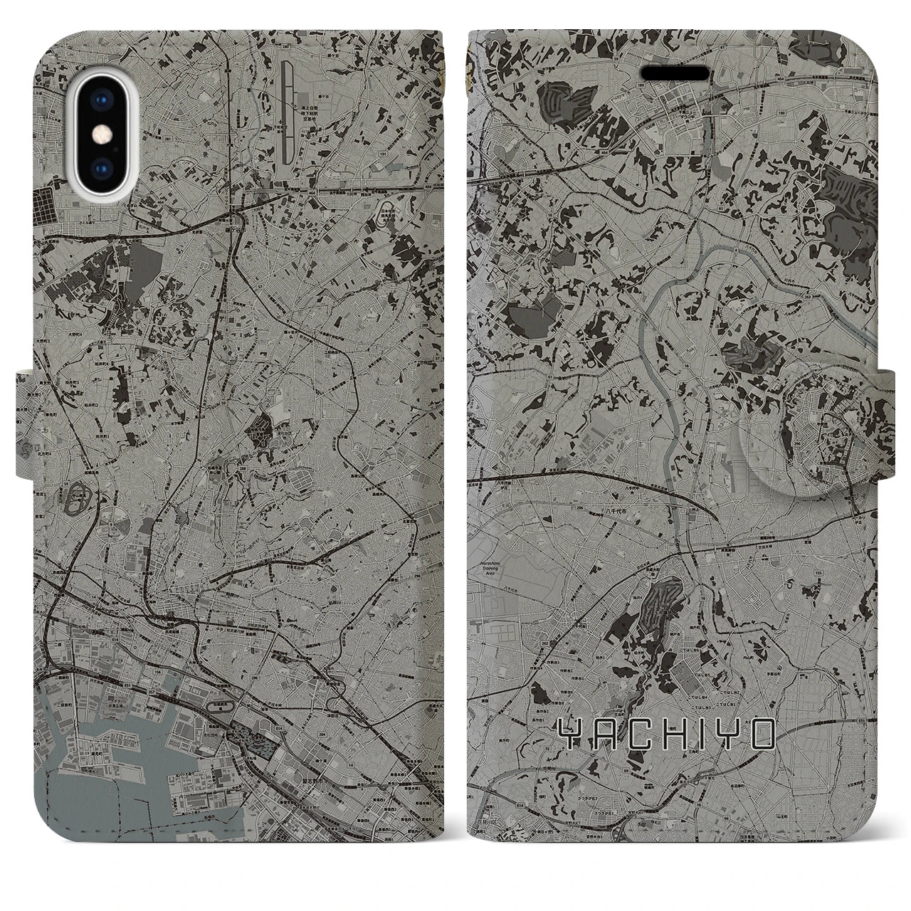 【八千代(千葉県)】地図柄iPhoneケース(手帳タイプ)モノトーン・iPhone XS Max 用