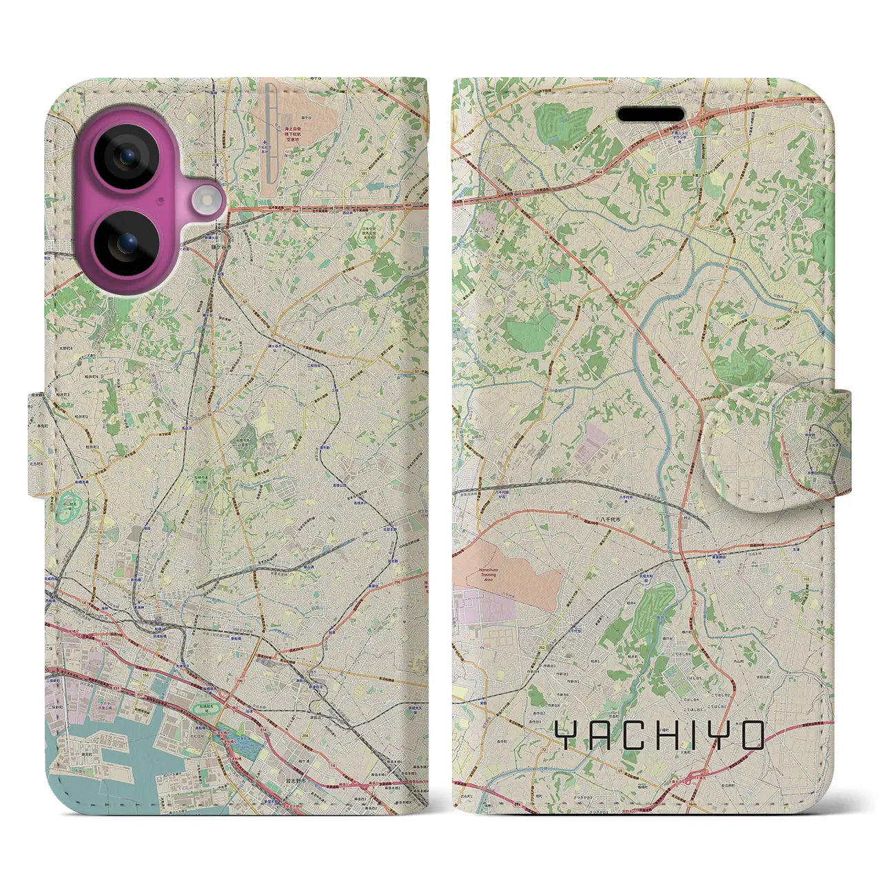 【八千代(千葉県)】地図柄iPhoneケース(手帳タイプ)ナチュラル・iPhone 16 Pro 用