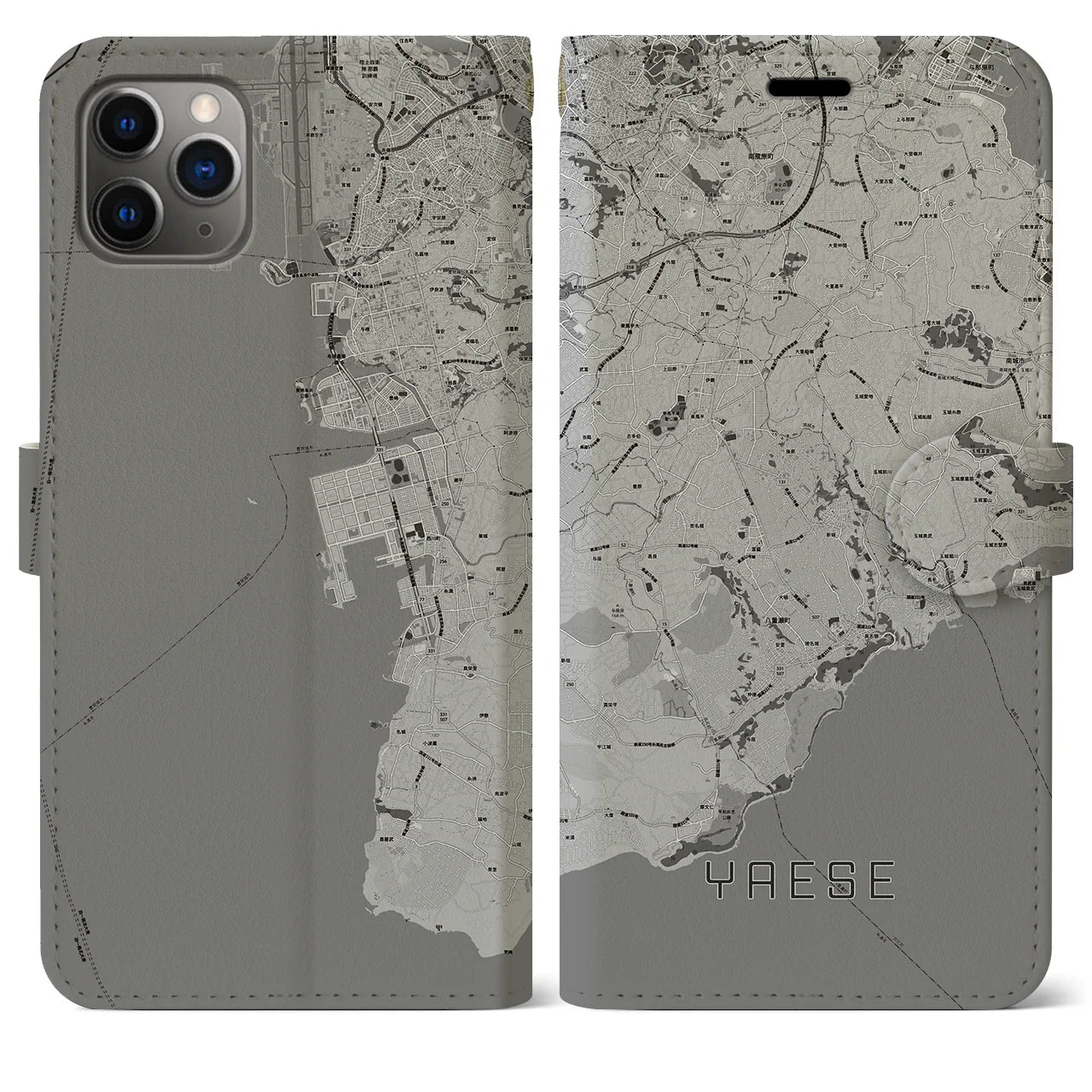 【八重瀬(沖縄県)】地図柄iPhoneケース(手帳タイプ)モノトーン・iPhone 11 Pro Max 用