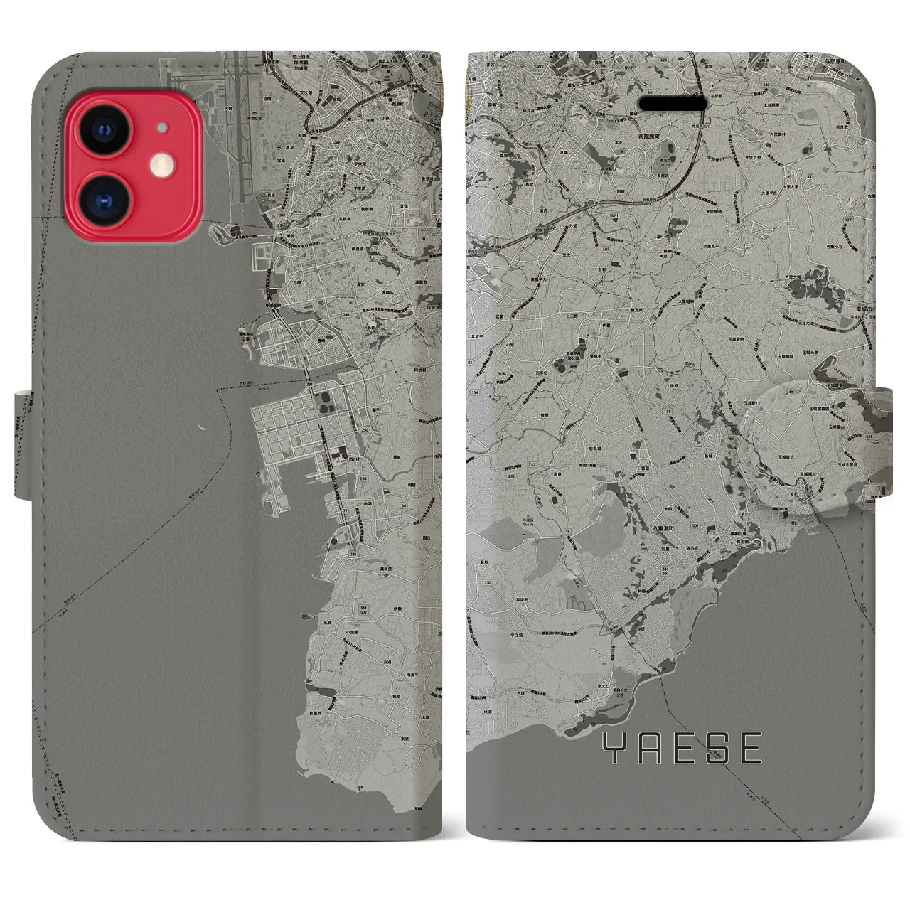【八重瀬(沖縄県)】地図柄iPhoneケース(手帳タイプ)モノトーン・iPhone 11 用