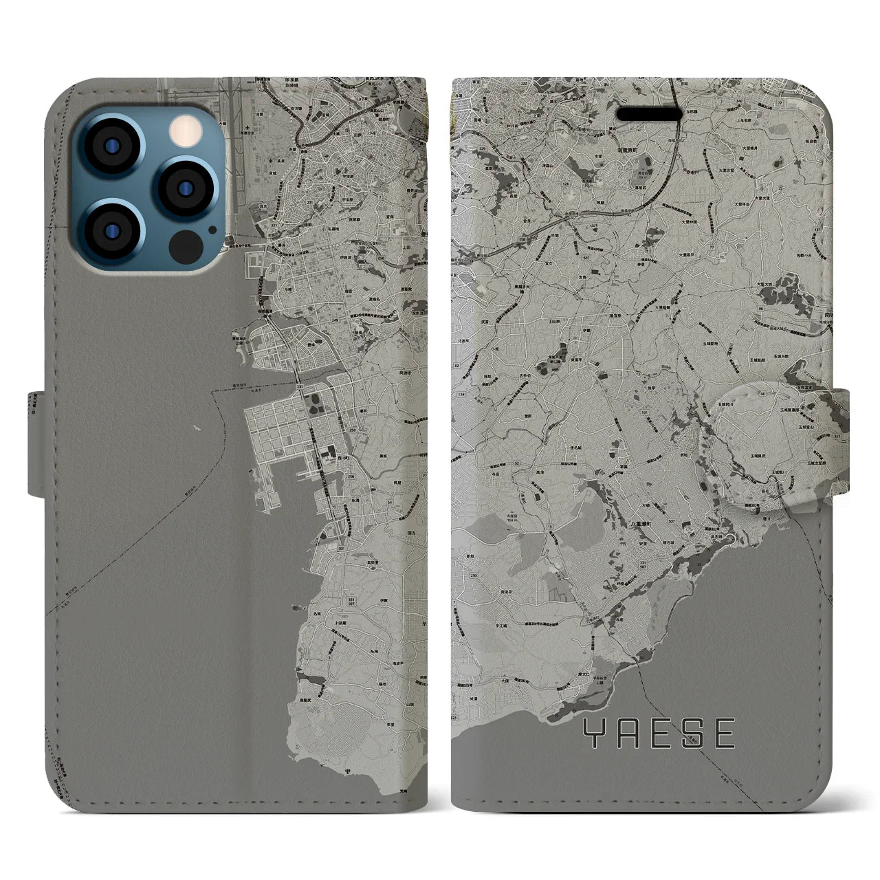 【八重瀬(沖縄県)】地図柄iPhoneケース(手帳タイプ)モノトーン・iPhone 12 / 12 Pro 用