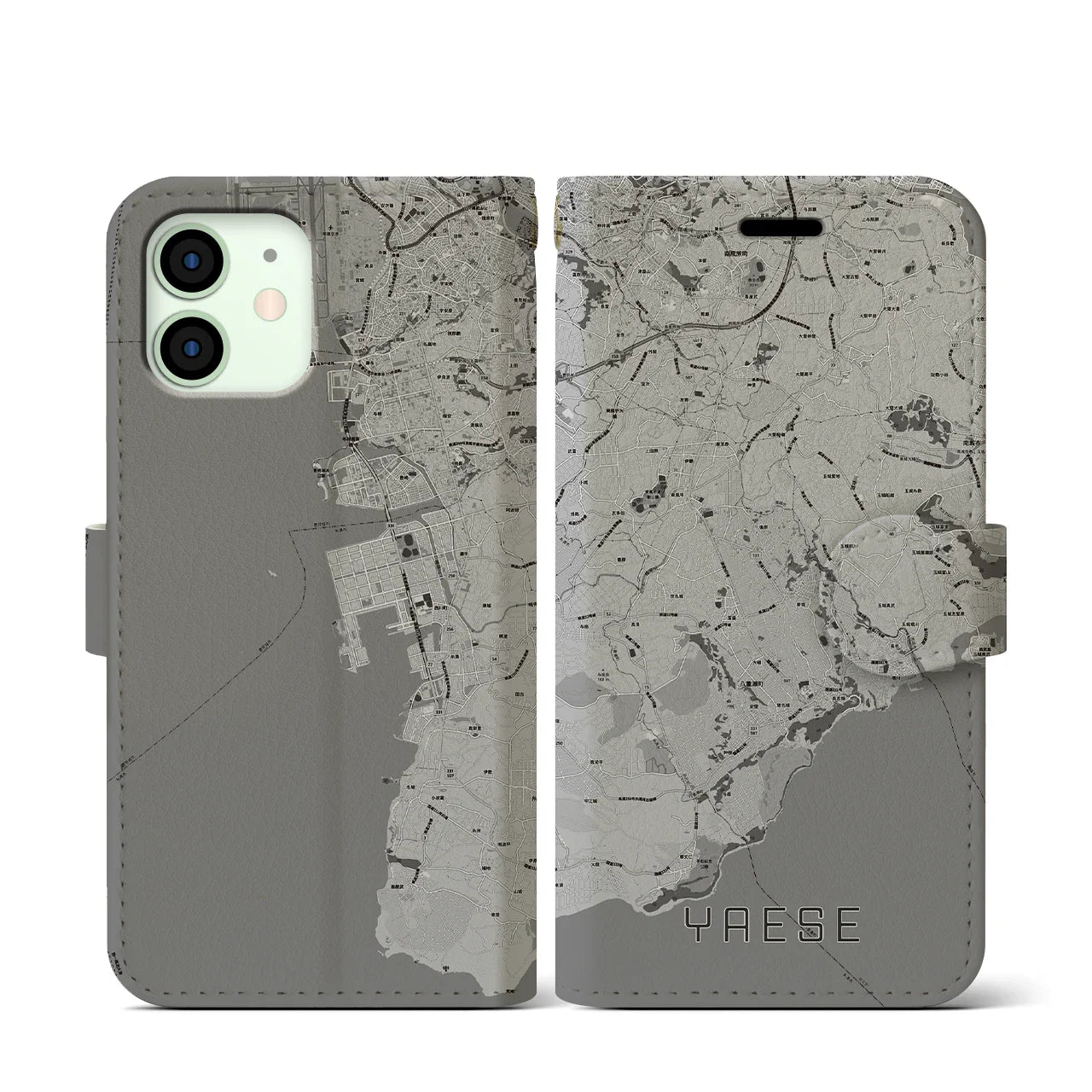 【八重瀬(沖縄県)】地図柄iPhoneケース(手帳タイプ)モノトーン・iPhone 12 mini 用