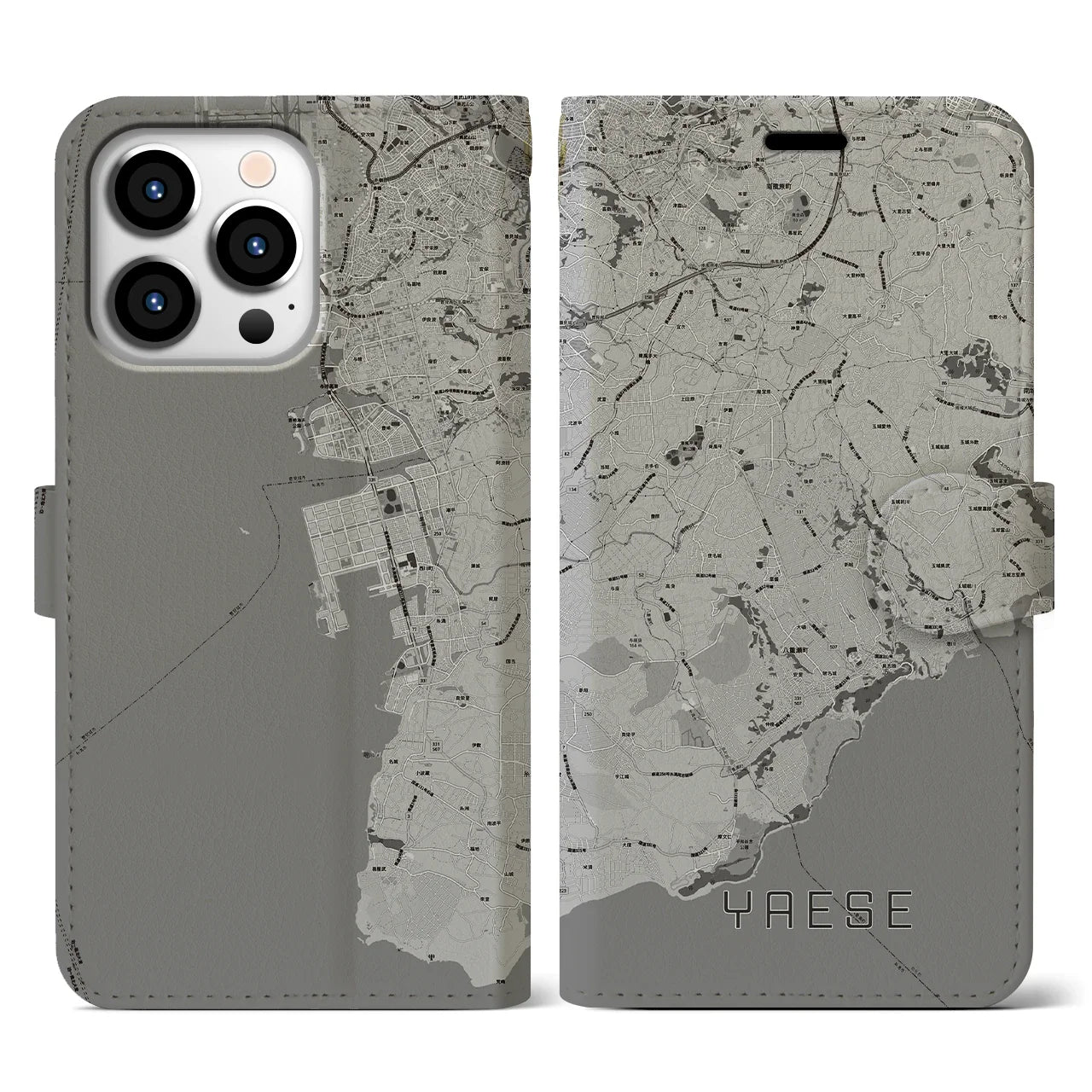【八重瀬(沖縄県)】地図柄iPhoneケース(手帳タイプ)モノトーン・iPhone 13 Pro 用