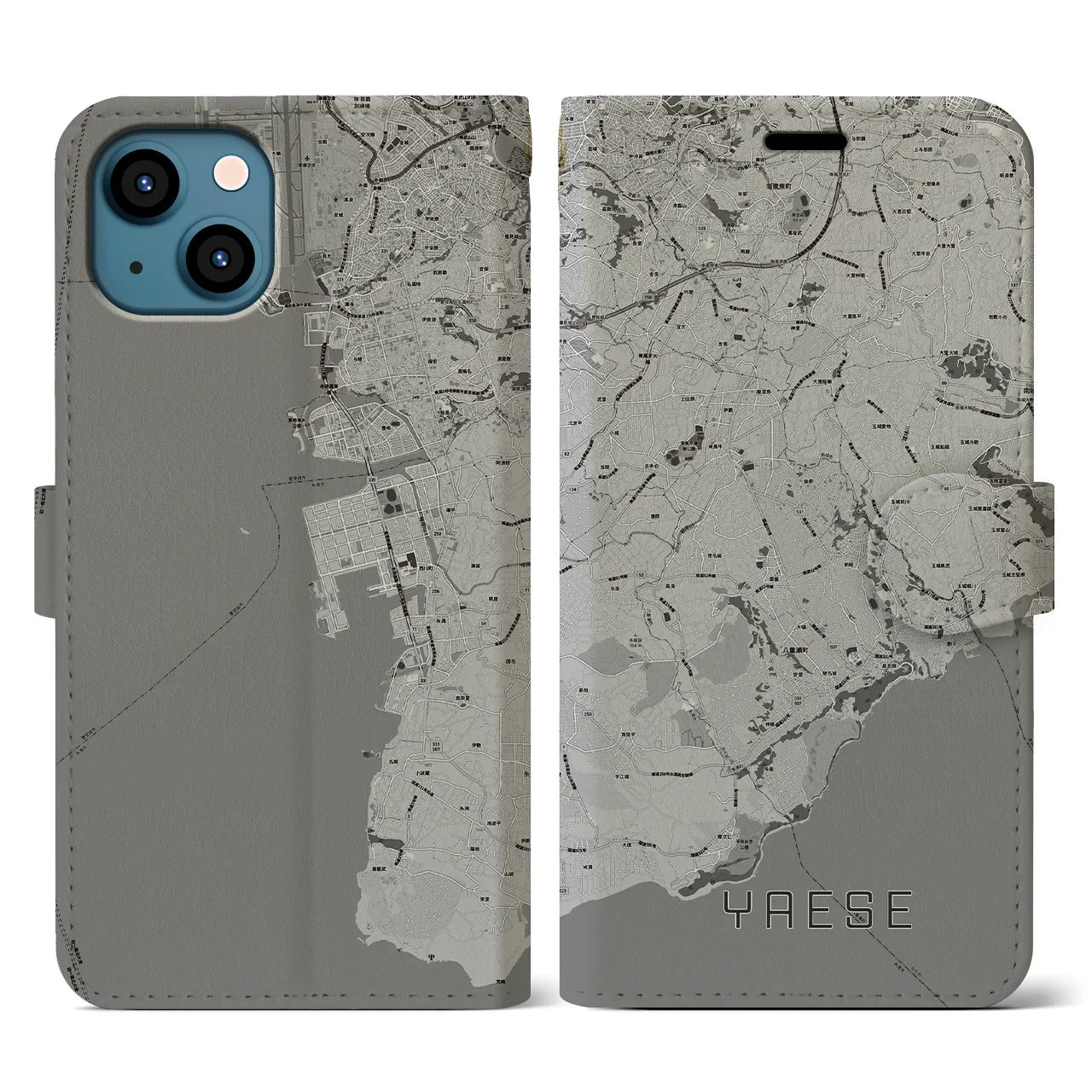 【八重瀬(沖縄県)】地図柄iPhoneケース(手帳タイプ)モノトーン・iPhone 13 用