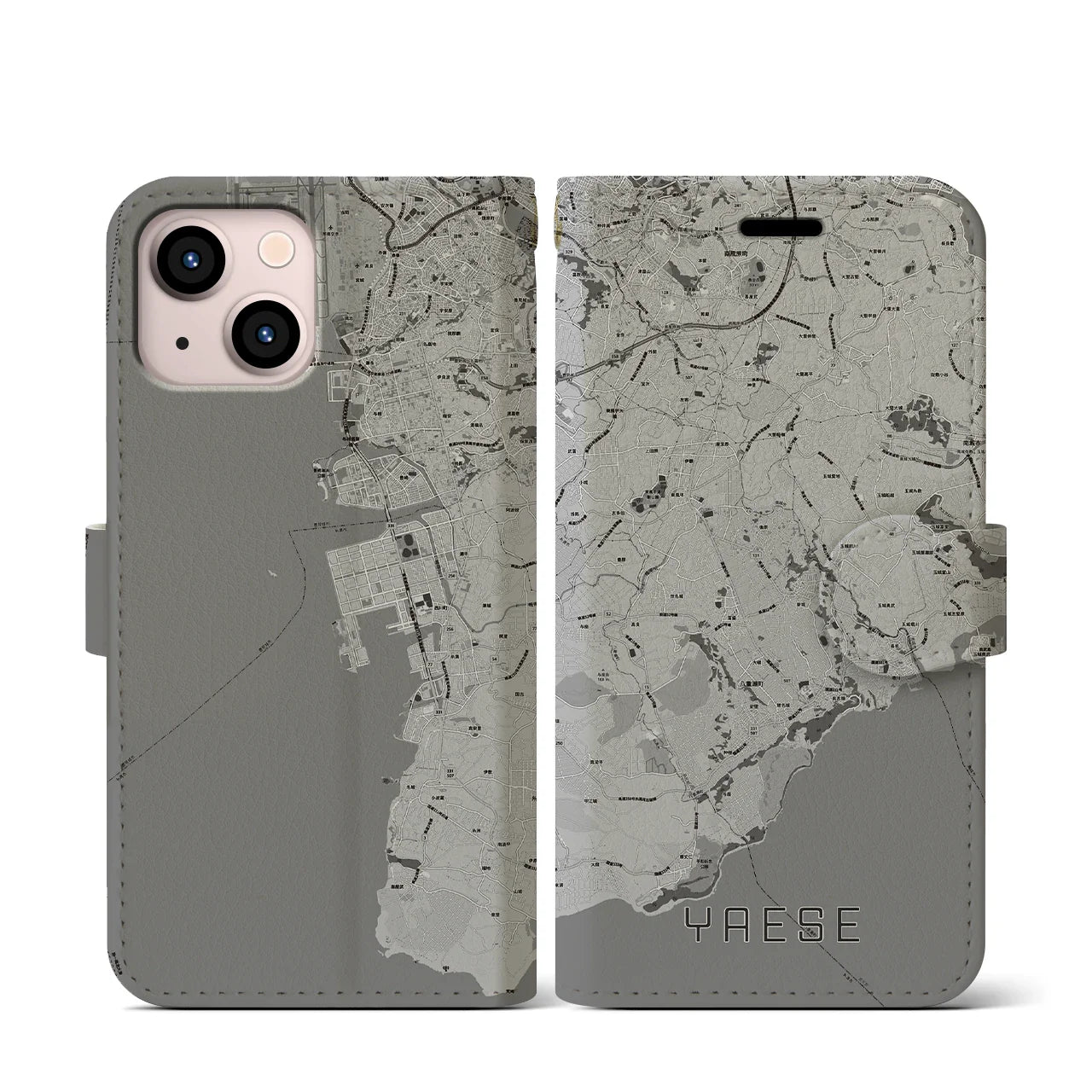【八重瀬(沖縄県)】地図柄iPhoneケース(手帳タイプ)モノトーン・iPhone 13 mini 用