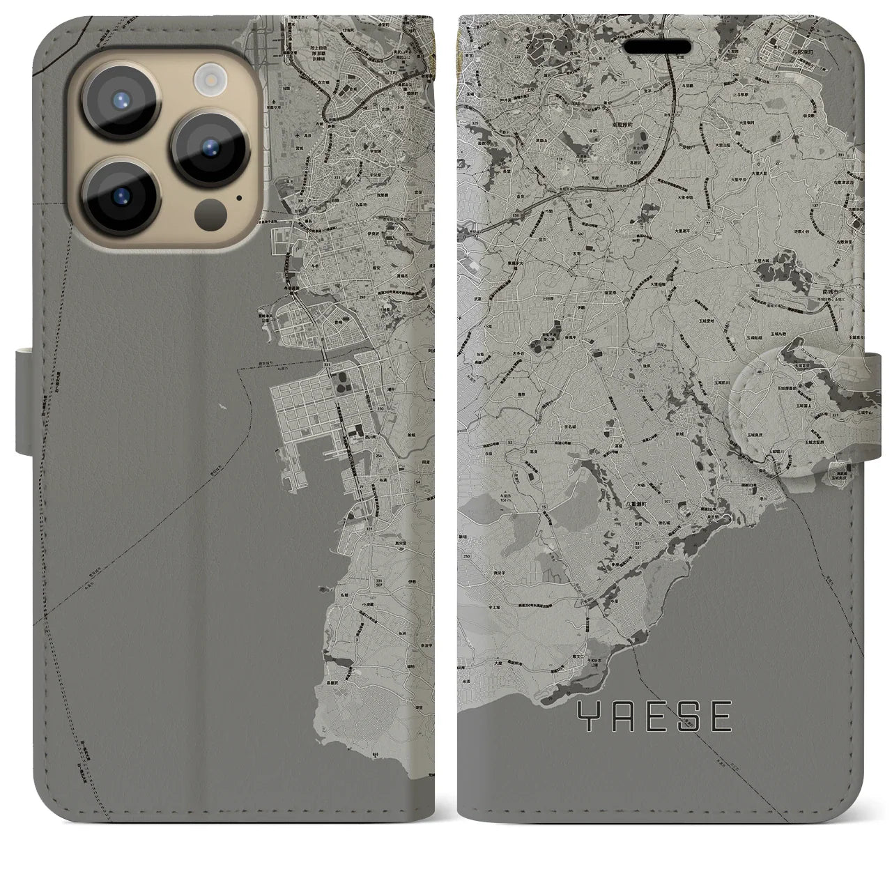 【八重瀬(沖縄県)】地図柄iPhoneケース(手帳タイプ)モノトーン・iPhone 14 Pro Max 用