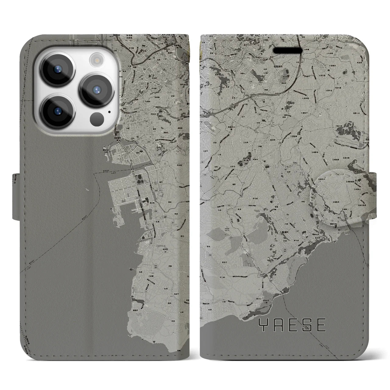 【八重瀬(沖縄県)】地図柄iPhoneケース(手帳タイプ)モノトーン・iPhone 14 Pro 用