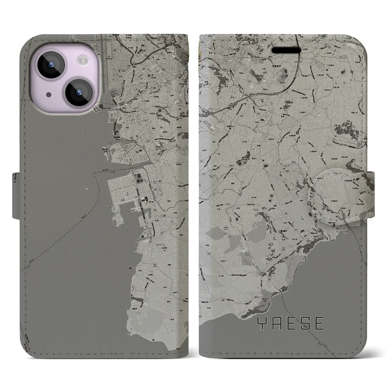【八重瀬(沖縄県)】地図柄iPhoneケース(手帳タイプ)モノトーン・iPhone 14 用