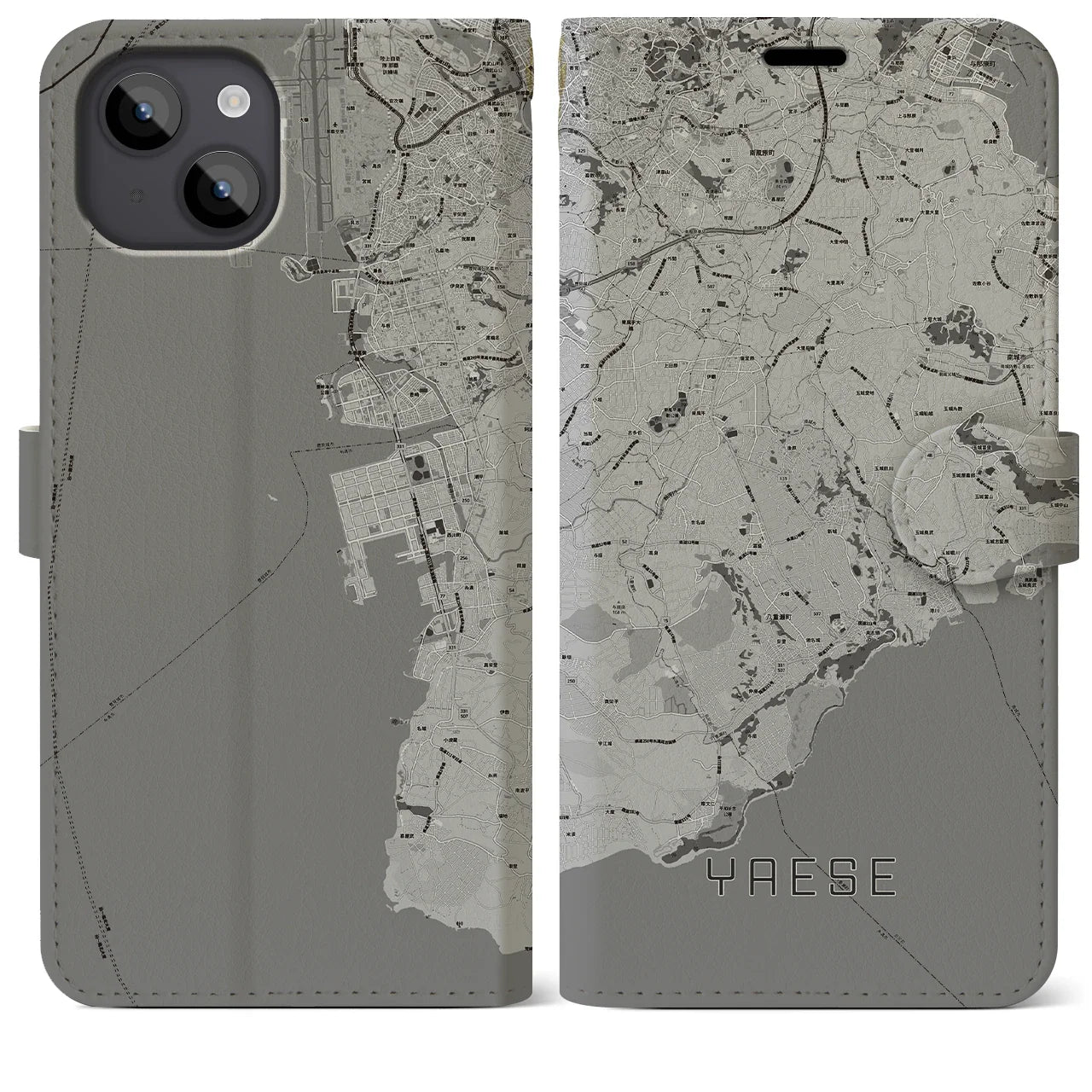 【八重瀬(沖縄県)】地図柄iPhoneケース(手帳タイプ)モノトーン・iPhone 14 Plus 用