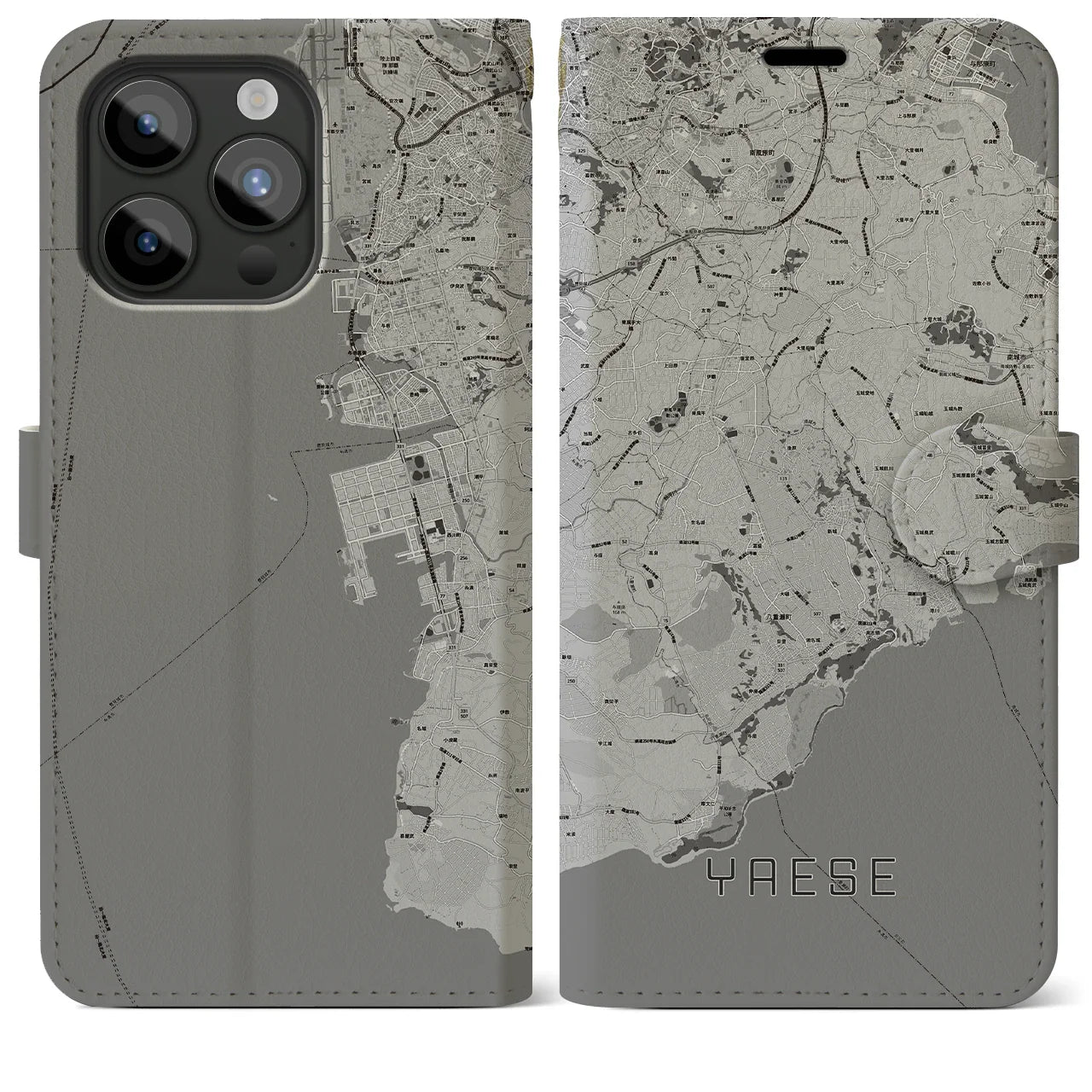 【八重瀬(沖縄県)】地図柄iPhoneケース(手帳タイプ)モノトーン・iPhone 15 Pro Max 用