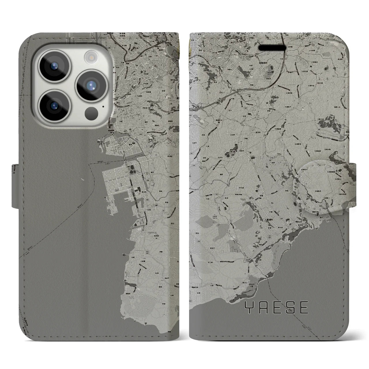 【八重瀬(沖縄県)】地図柄iPhoneケース(手帳タイプ)モノトーン・iPhone 15 Pro 用