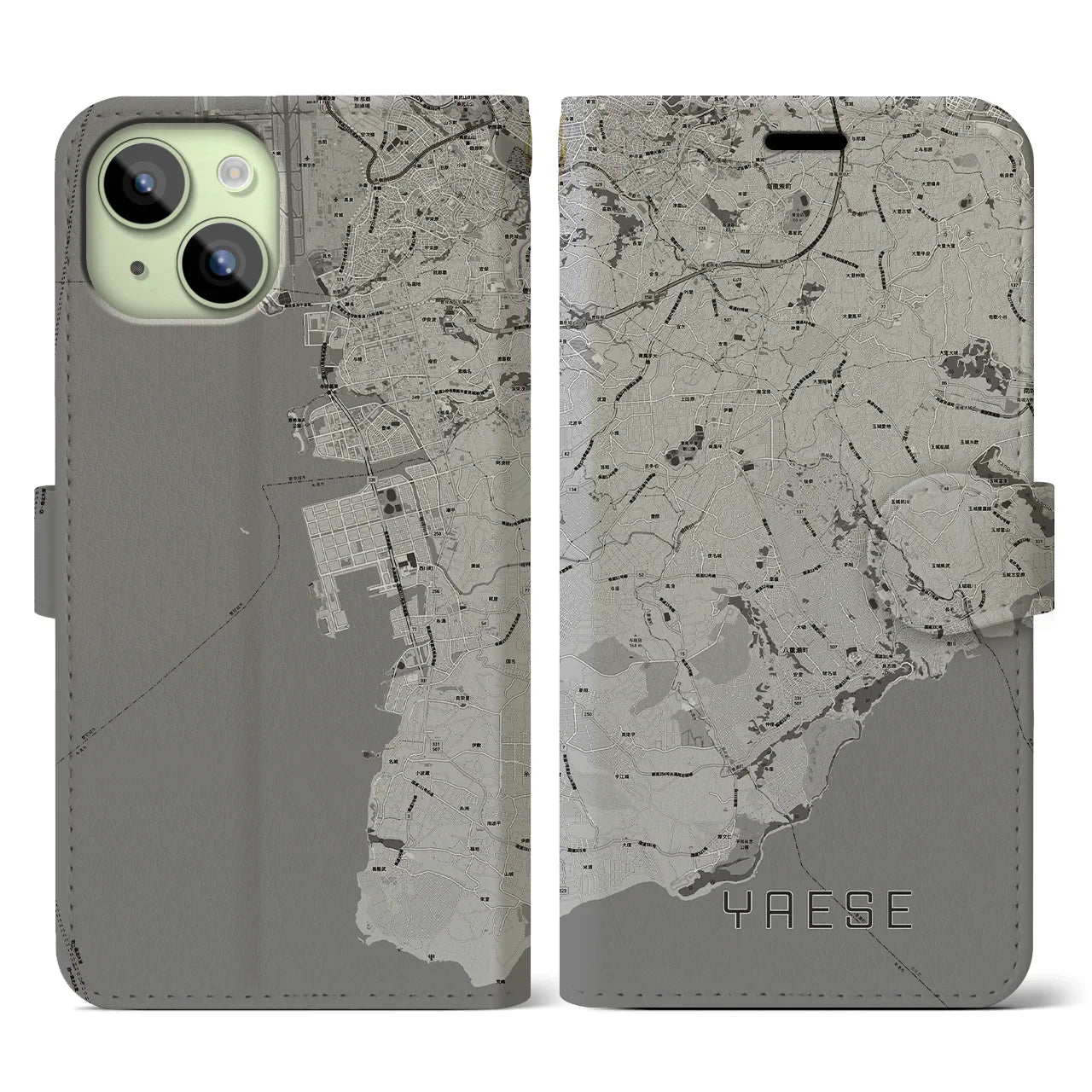 【八重瀬(沖縄県)】地図柄iPhoneケース(手帳タイプ)モノトーン・iPhone 15 用