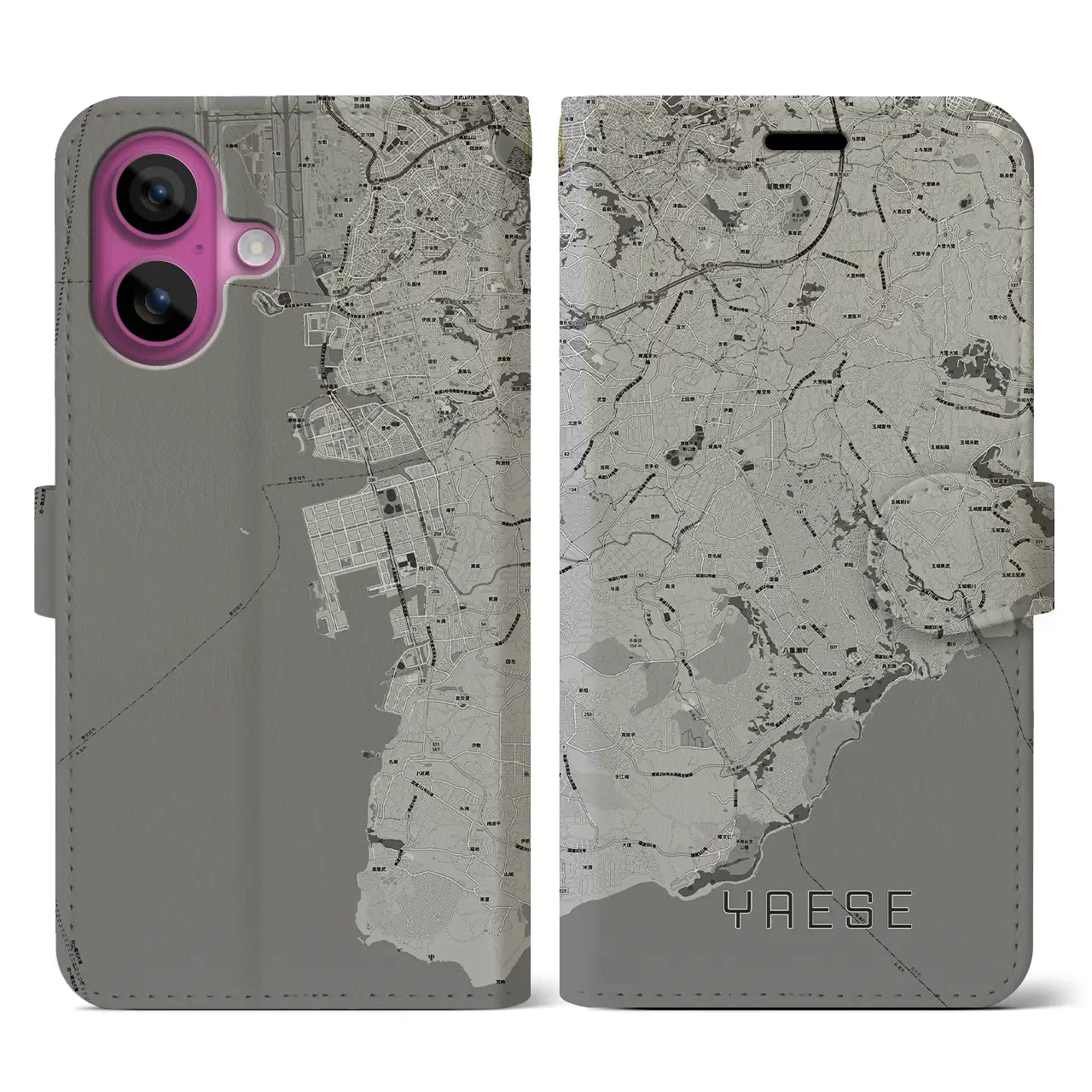【八重瀬(沖縄県)】地図柄iPhoneケース(手帳タイプ)モノトーン・iPhone 16 Pro 用