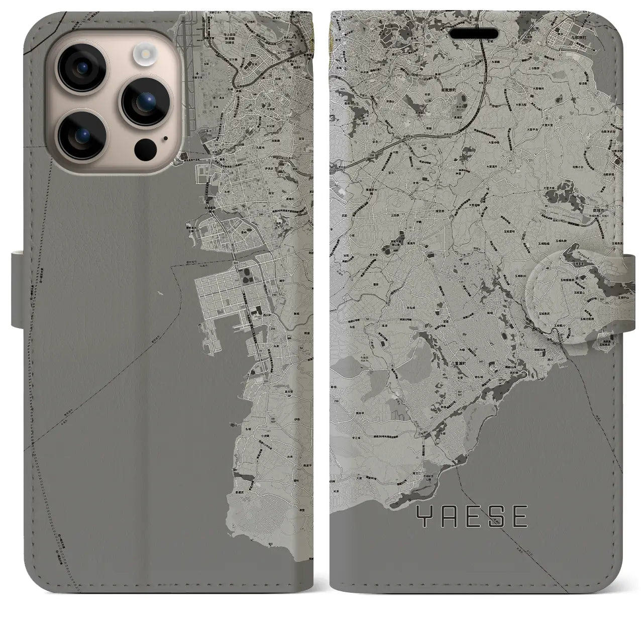 【八重瀬(沖縄県)】地図柄iPhoneケース(手帳タイプ)モノトーン・iPhone 16 Plus 用