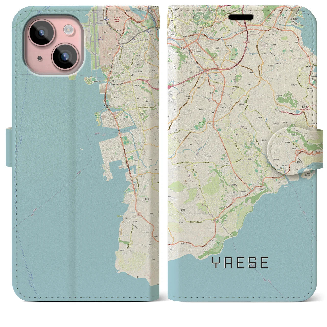 【八重瀬(沖縄県)】地図柄iPhoneケース(手帳タイプ)ナチュラル・iPhone 15 Plus 用