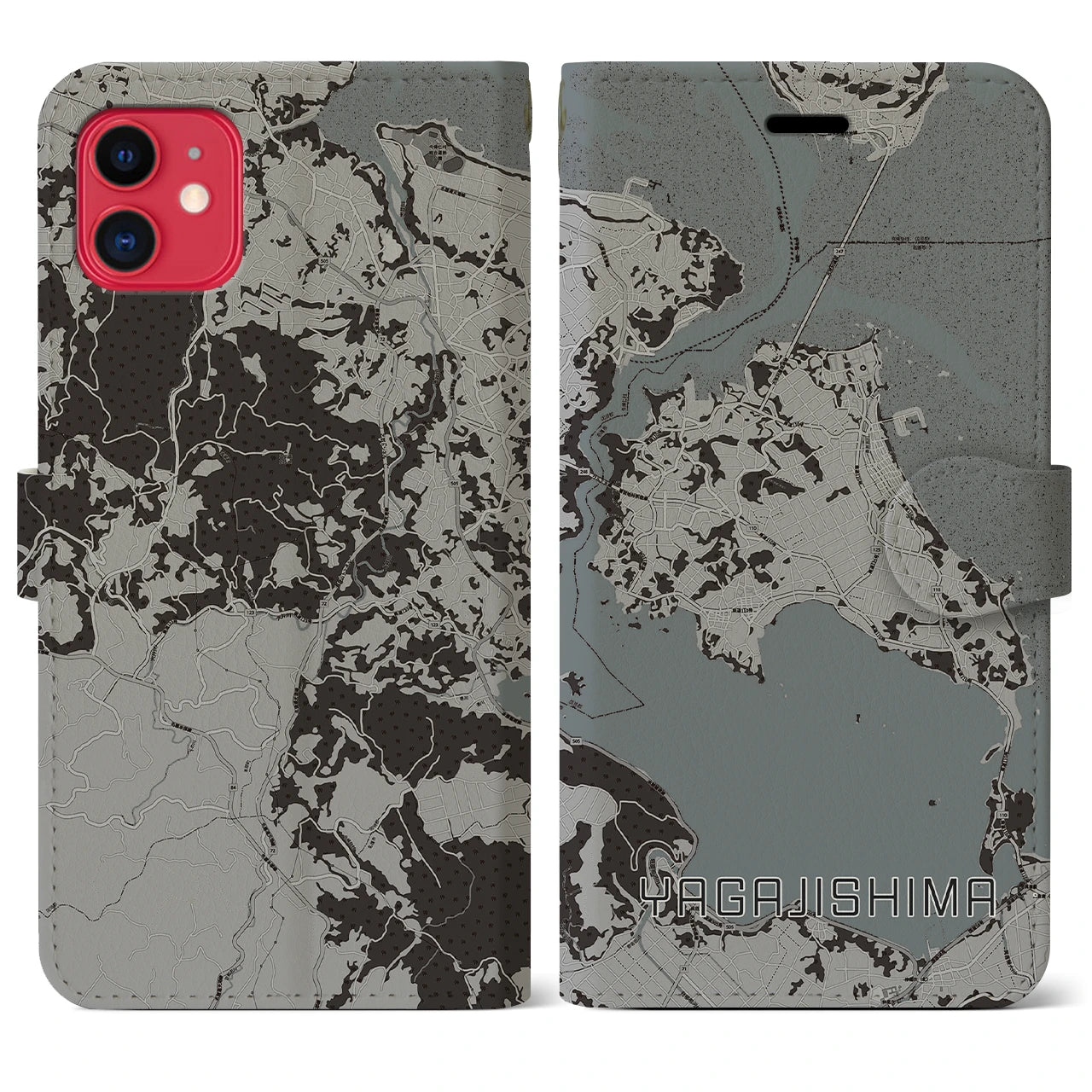 【屋我地島(沖縄県)】地図柄iPhoneケース(手帳タイプ)モノトーン・iPhone 11 用