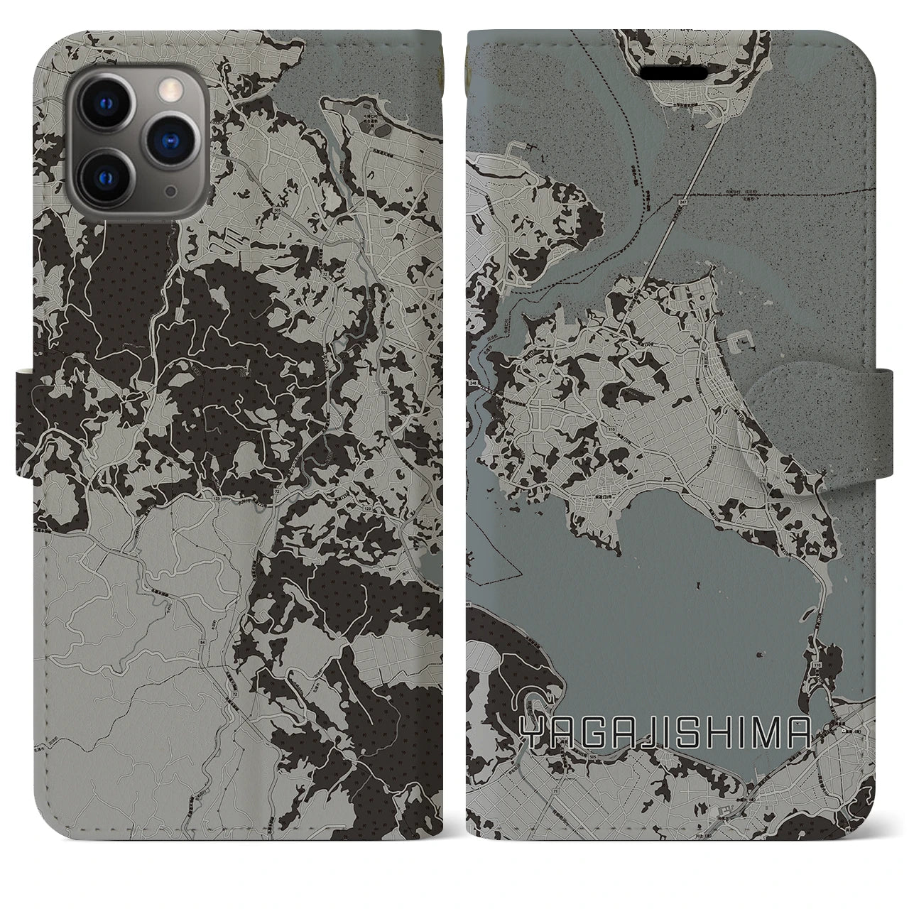 【屋我地島(沖縄県)】地図柄iPhoneケース(手帳タイプ)モノトーン・iPhone 11 Pro Max 用