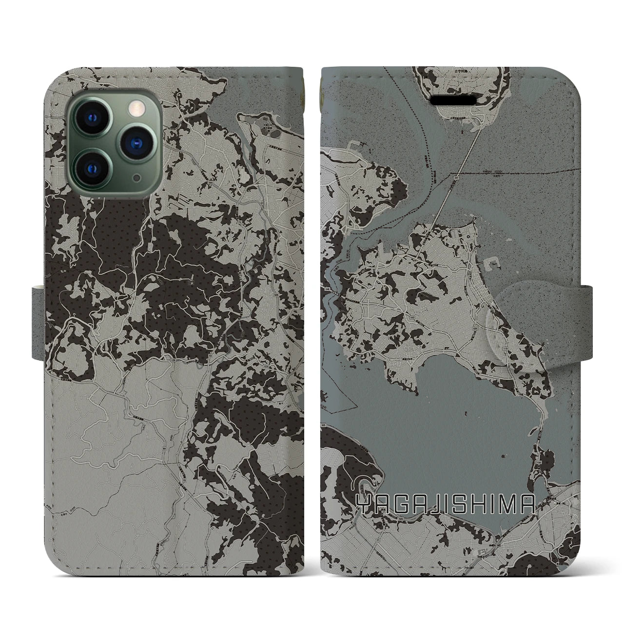 【屋我地島(沖縄県)】地図柄iPhoneケース(手帳タイプ)モノトーン・iPhone 11 Pro 用
