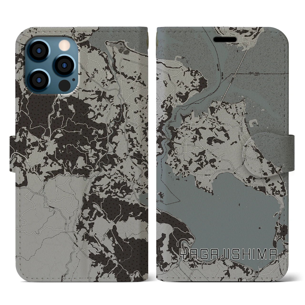【屋我地島(沖縄県)】地図柄iPhoneケース(手帳タイプ)モノトーン・iPhone 12 / 12 Pro 用