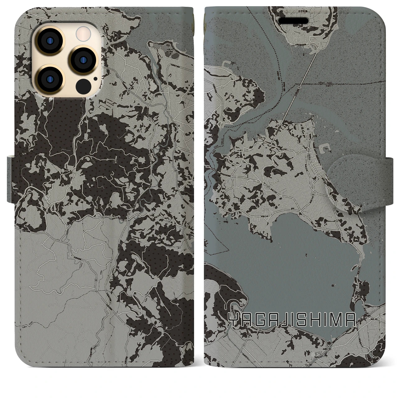 【屋我地島(沖縄県)】地図柄iPhoneケース(手帳タイプ)モノトーン・iPhone 12 Pro Max 用