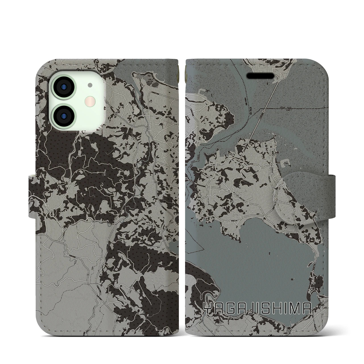 【屋我地島(沖縄県)】地図柄iPhoneケース(手帳タイプ)モノトーン・iPhone 12 mini 用