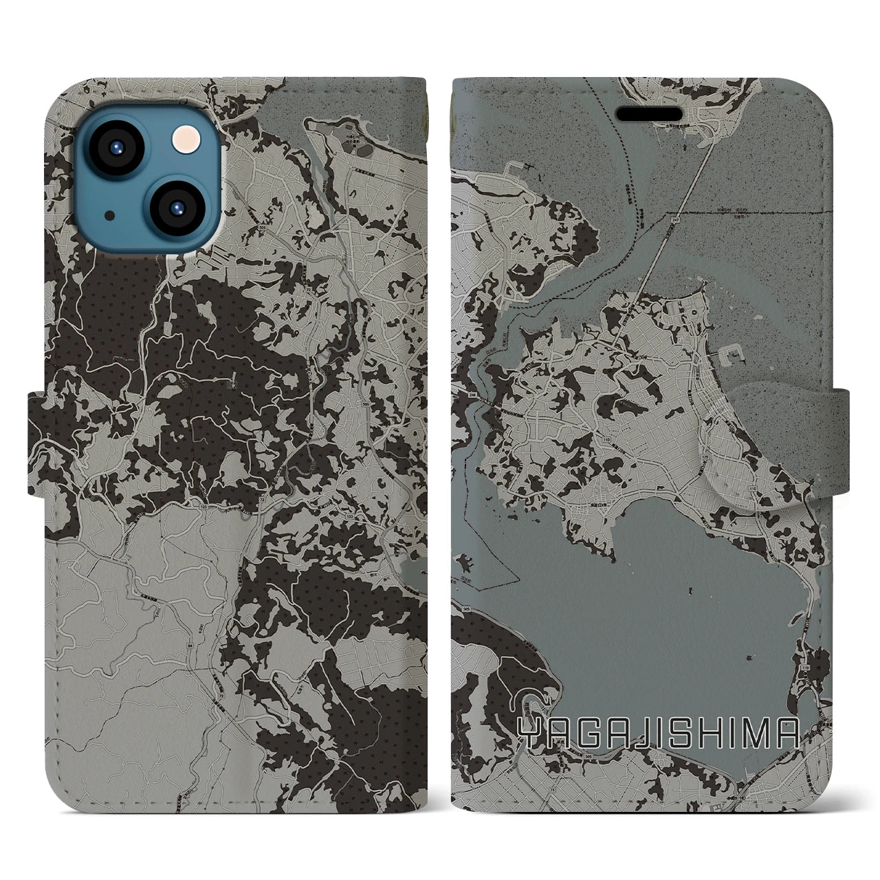 【屋我地島(沖縄県)】地図柄iPhoneケース(手帳タイプ)モノトーン・iPhone 13 用