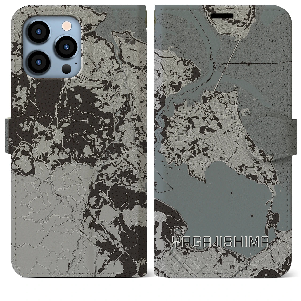 【屋我地島(沖縄県)】地図柄iPhoneケース(手帳タイプ)モノトーン・iPhone 13 Pro Max 用