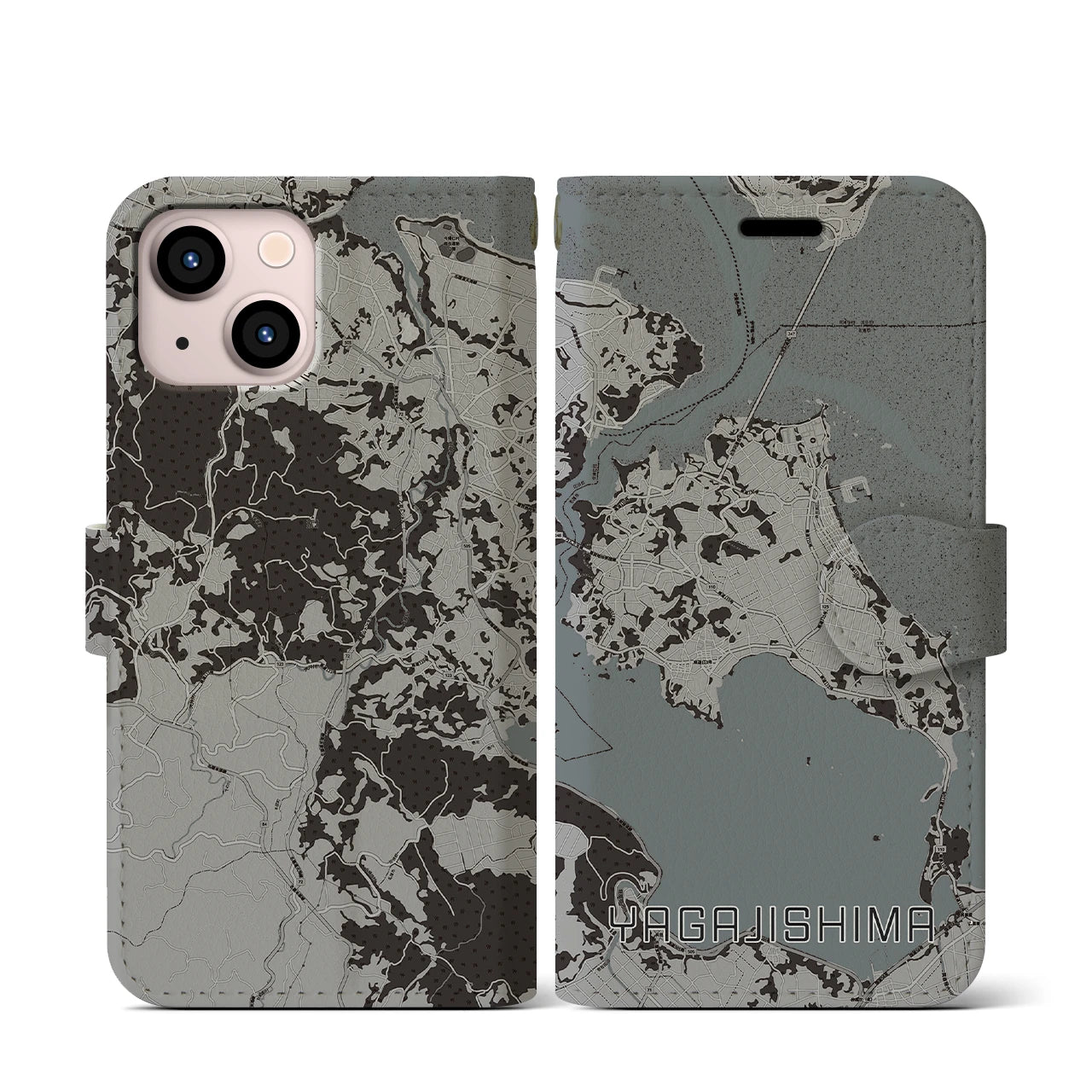【屋我地島(沖縄県)】地図柄iPhoneケース(手帳タイプ)モノトーン・iPhone 13 mini 用