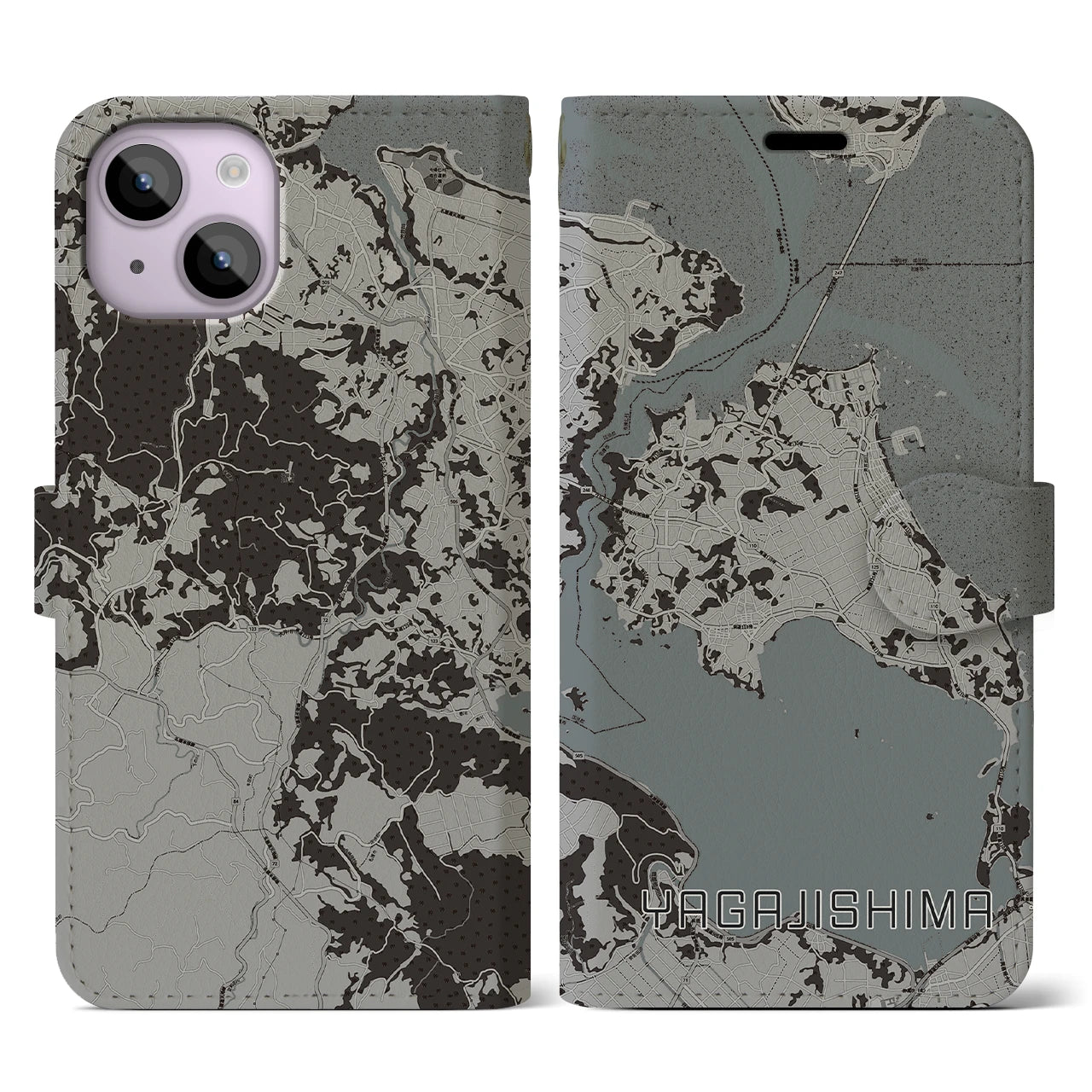 【屋我地島(沖縄県)】地図柄iPhoneケース(手帳タイプ)モノトーン・iPhone 14 用