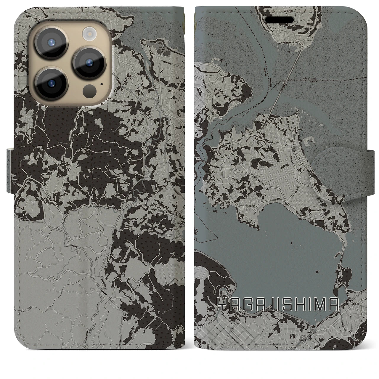 【屋我地島(沖縄県)】地図柄iPhoneケース(手帳タイプ)モノトーン・iPhone 14 Pro Max 用
