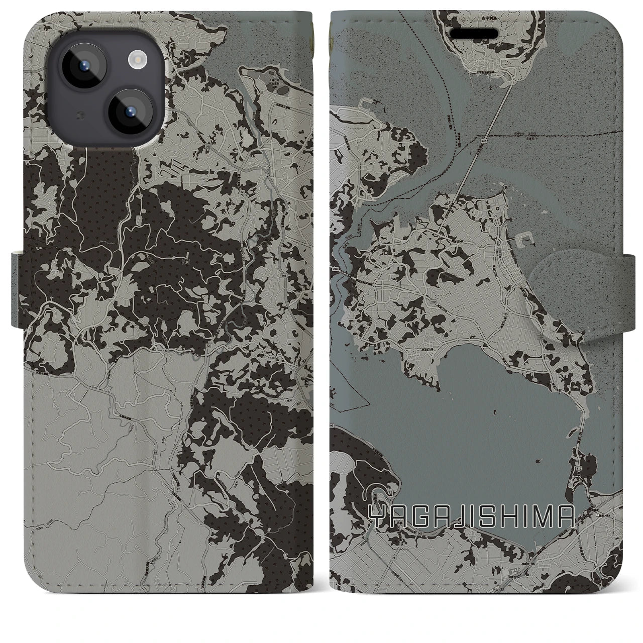 【屋我地島(沖縄県)】地図柄iPhoneケース(手帳タイプ)モノトーン・iPhone 14 Plus 用
