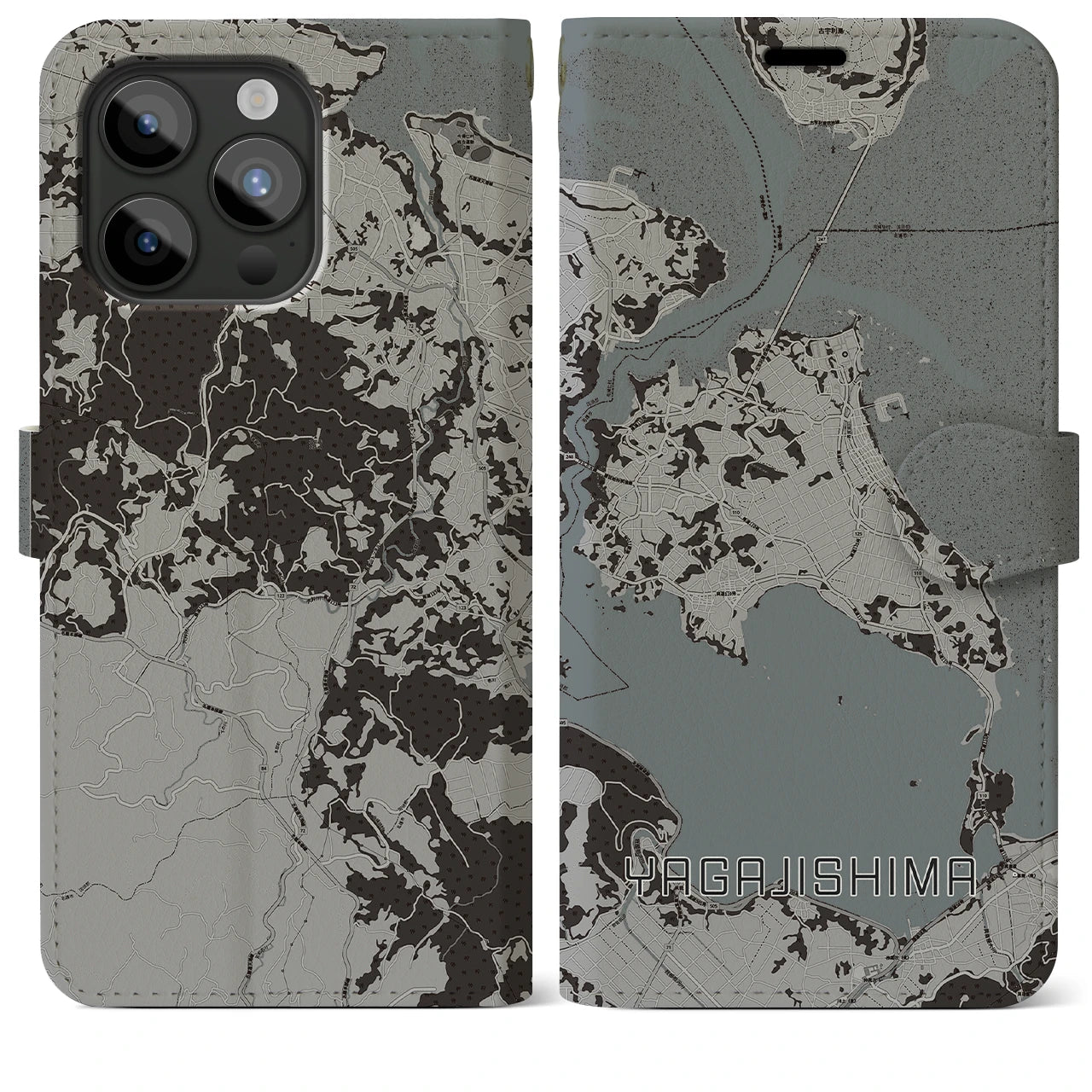 【屋我地島(沖縄県)】地図柄iPhoneケース(手帳タイプ)モノトーン・iPhone 15 Pro Max 用