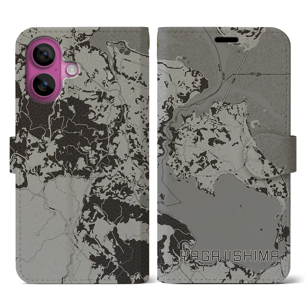 【屋我地島(沖縄県)】地図柄iPhoneケース(手帳タイプ)モノトーン・iPhone 16 Pro 用