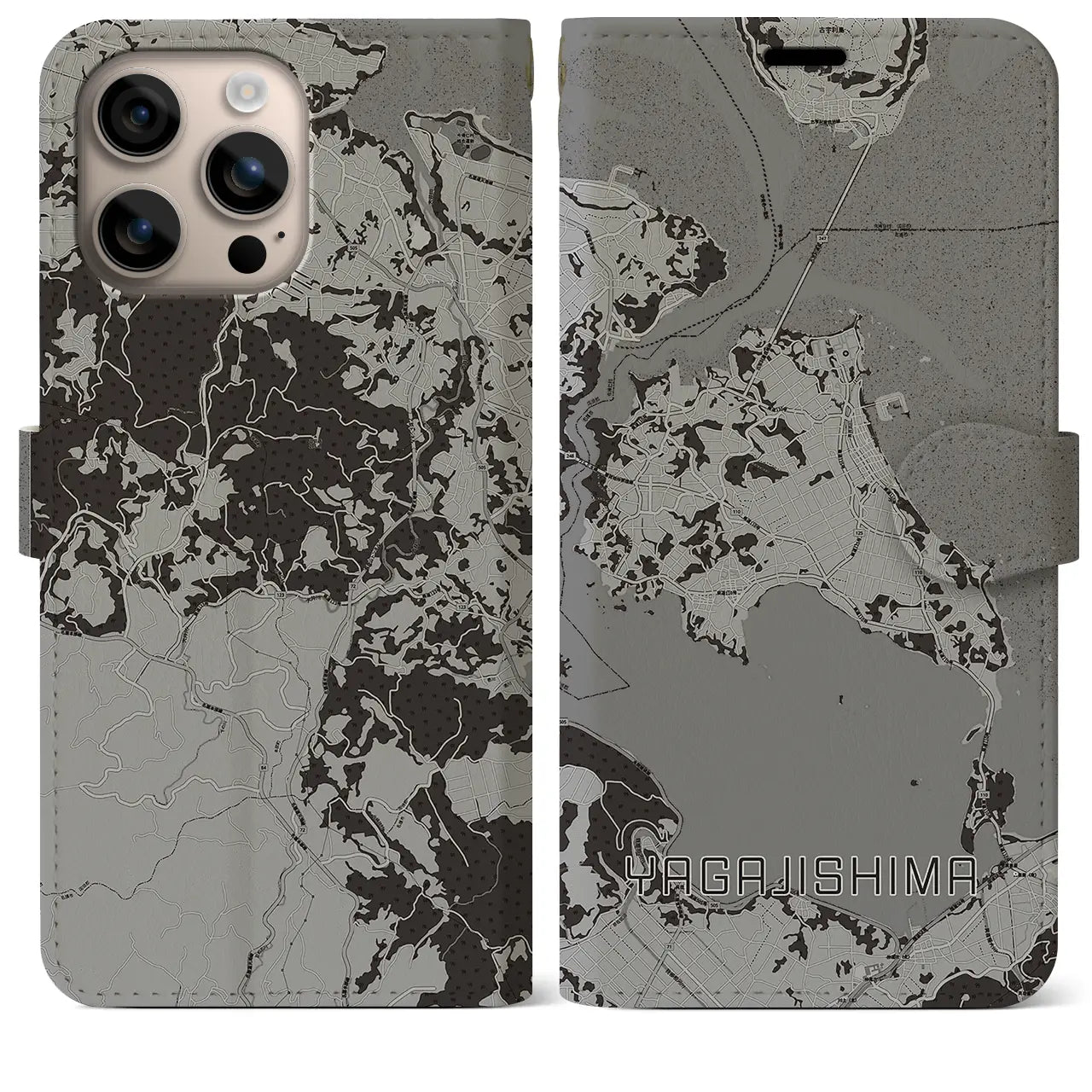 【屋我地島(沖縄県)】地図柄iPhoneケース(手帳タイプ)モノトーン・iPhone 16 Plus 用