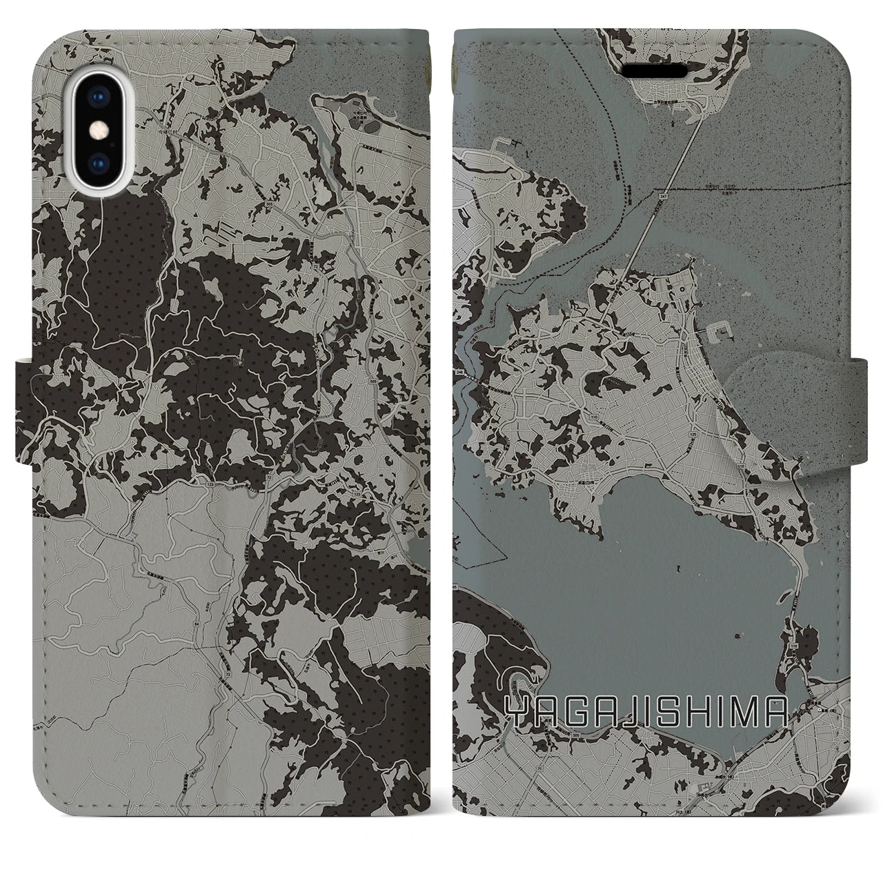 【屋我地島(沖縄県)】地図柄iPhoneケース(手帳タイプ)モノトーン・iPhone XS Max 用