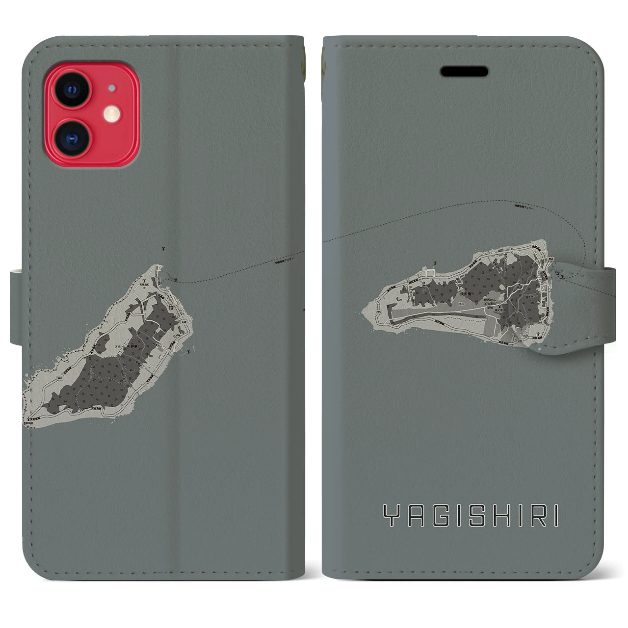 【焼尻(北海道)】地図柄iPhoneケース(手帳タイプ)モノトーン・iPhone 11 用