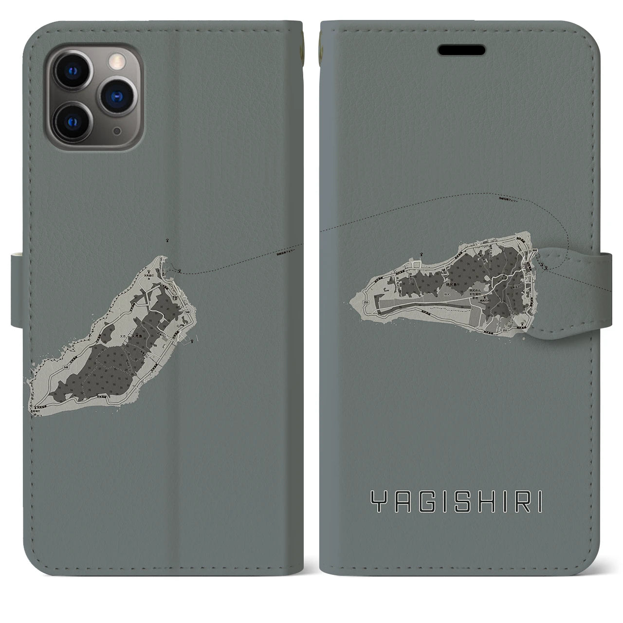 【焼尻(北海道)】地図柄iPhoneケース(手帳タイプ)モノトーン・iPhone 11 Pro Max 用