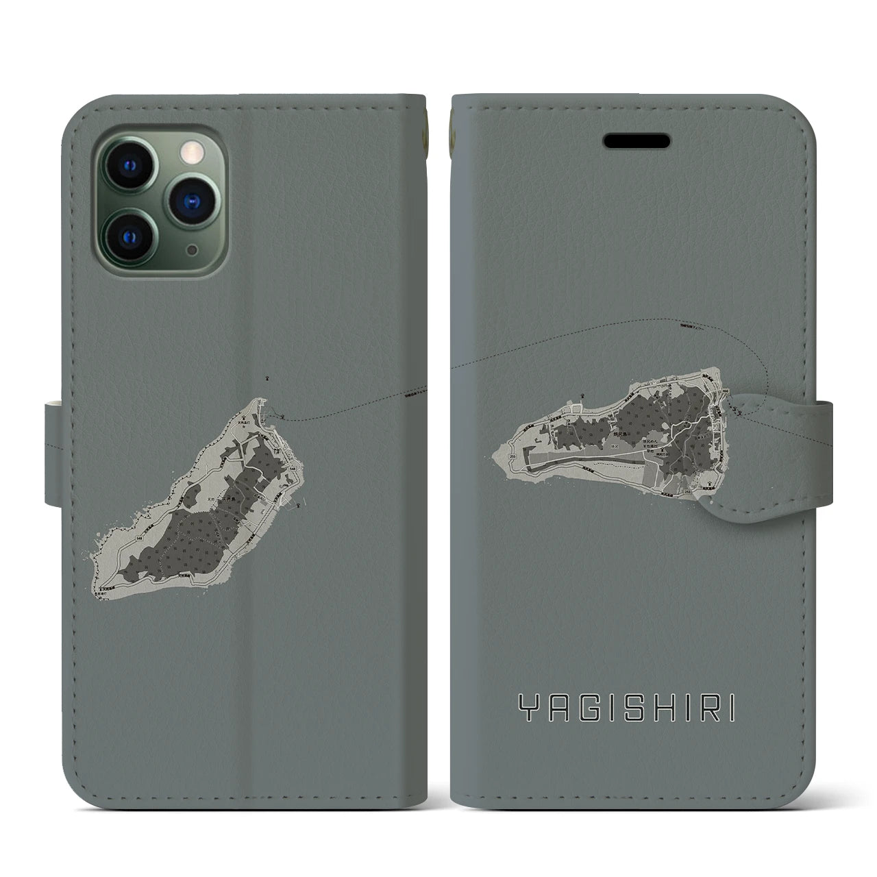 【焼尻(北海道)】地図柄iPhoneケース(手帳タイプ)モノトーン・iPhone 11 Pro 用