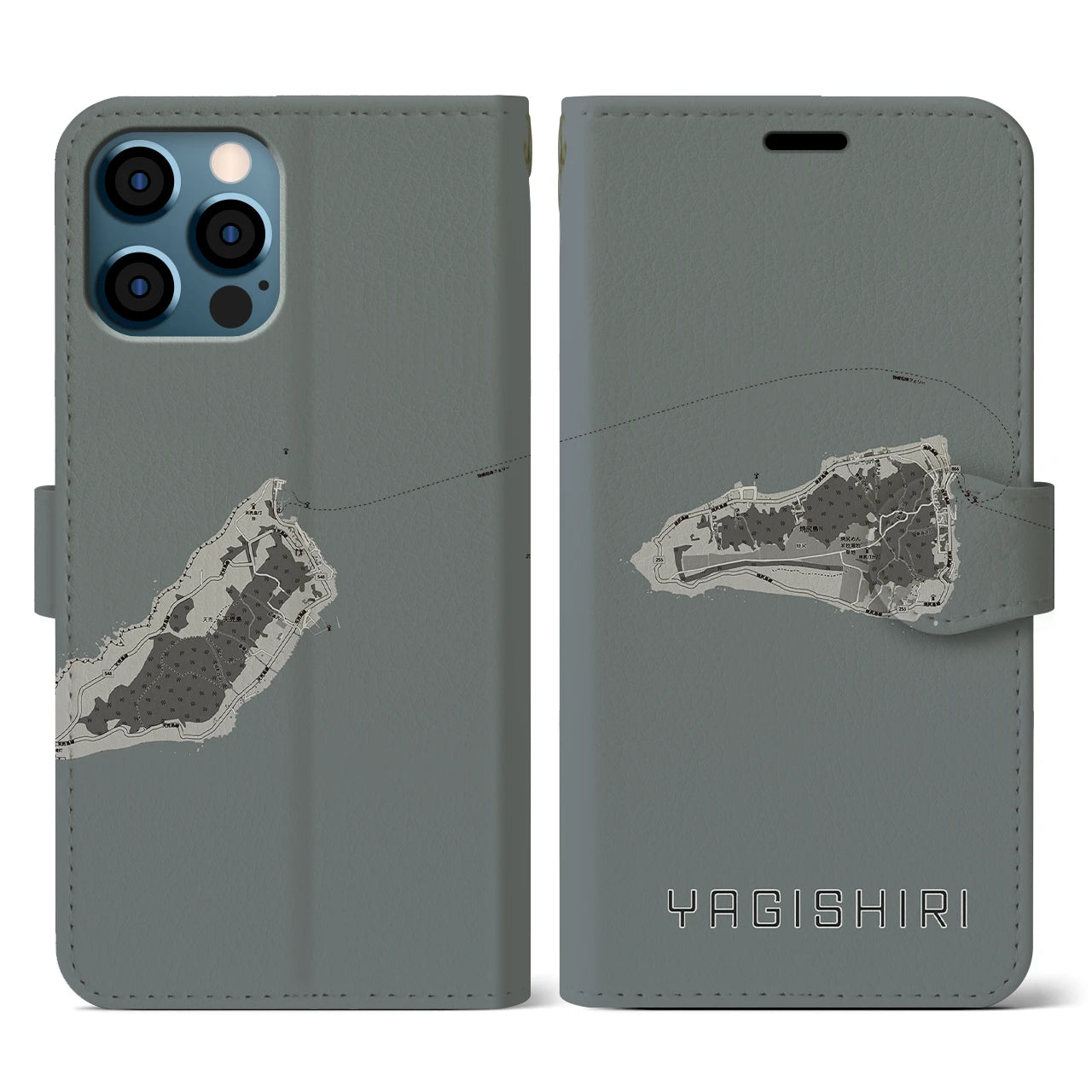 【焼尻(北海道)】地図柄iPhoneケース(手帳タイプ)モノトーン・iPhone 12 / 12 Pro 用