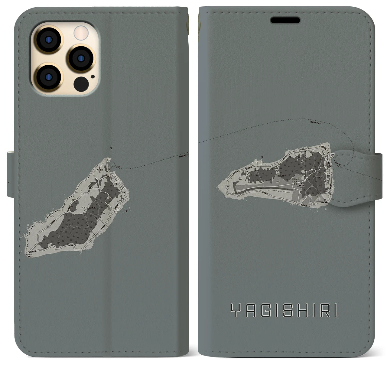 【焼尻(北海道)】地図柄iPhoneケース(手帳タイプ)モノトーン・iPhone 12 Pro Max 用