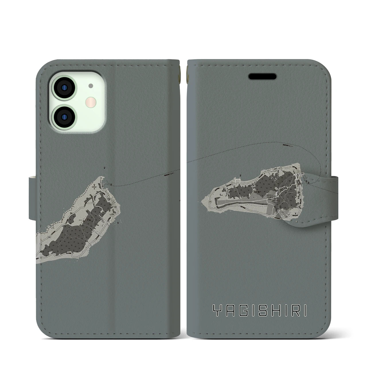 【焼尻(北海道)】地図柄iPhoneケース(手帳タイプ)モノトーン・iPhone 12 mini 用