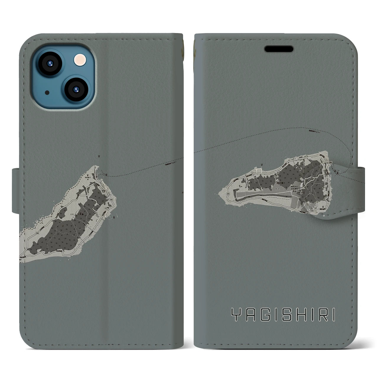 【焼尻(北海道)】地図柄iPhoneケース(手帳タイプ)モノトーン・iPhone 13 用