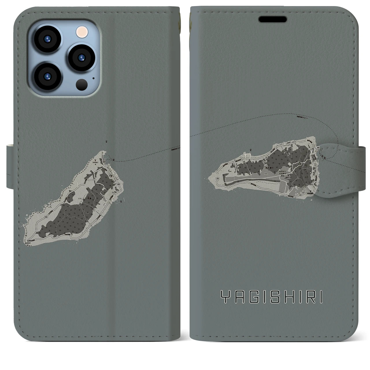 【焼尻(北海道)】地図柄iPhoneケース(手帳タイプ)モノトーン・iPhone 13 Pro Max 用