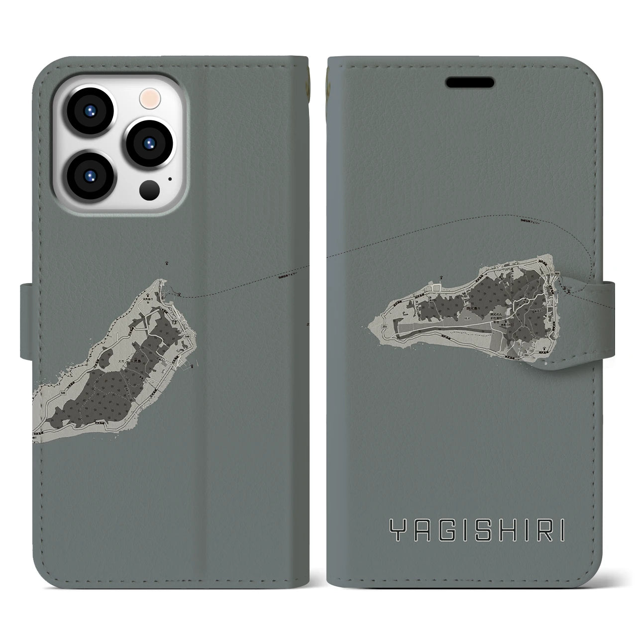 【焼尻(北海道)】地図柄iPhoneケース(手帳タイプ)モノトーン・iPhone 13 Pro 用