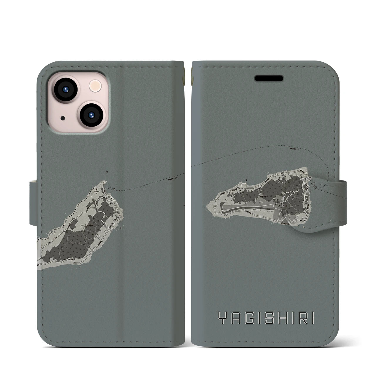 【焼尻(北海道)】地図柄iPhoneケース(手帳タイプ)モノトーン・iPhone 13 mini 用